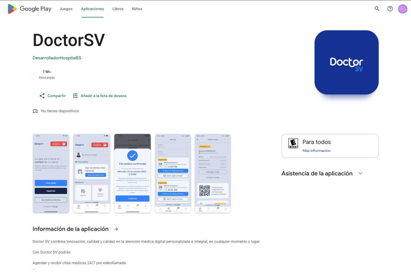 Captura de pantalla de de Google Play donde se descarga la app de DoctorSV. 